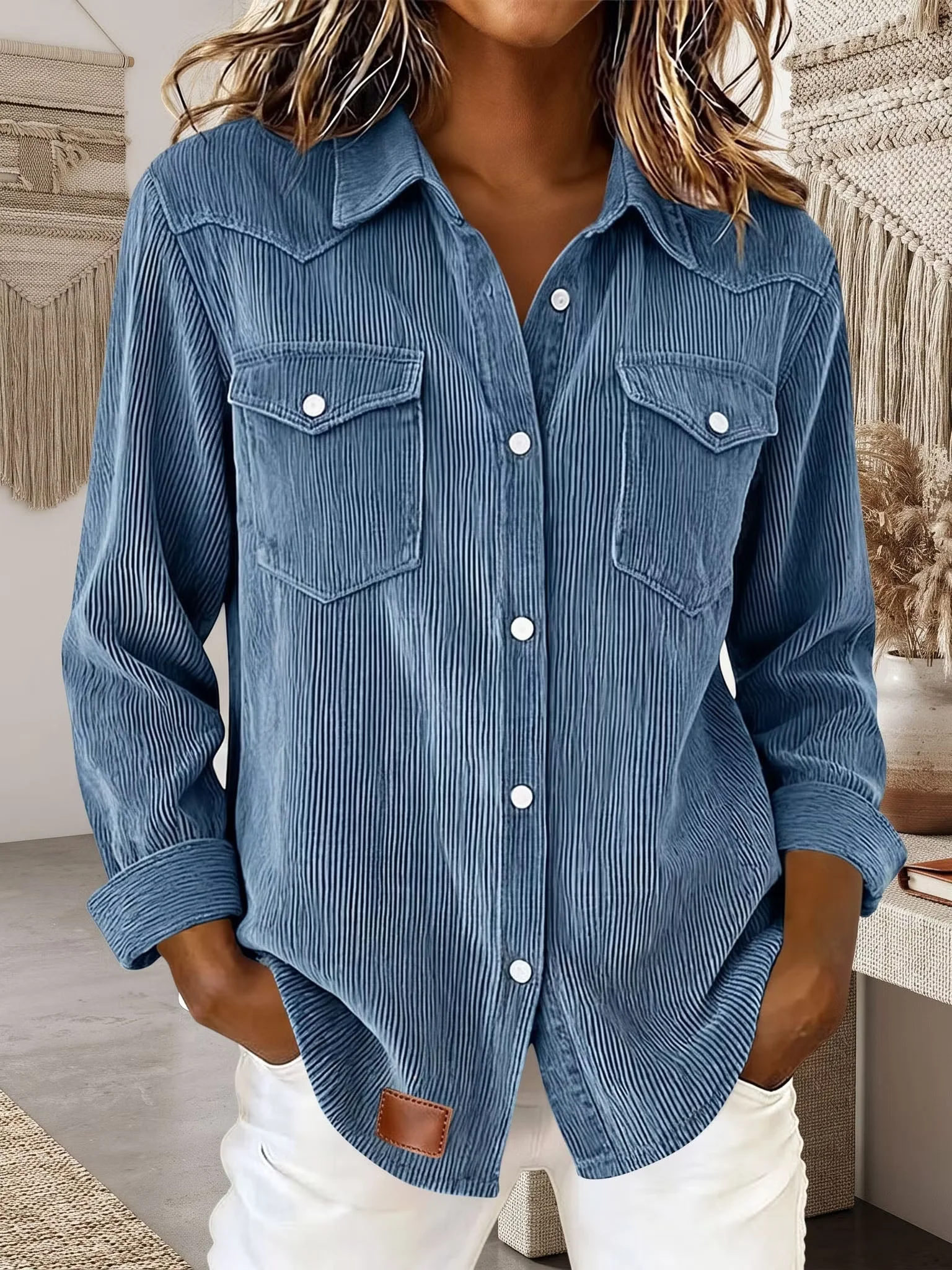 Plus-Size Women's Vintage Corduroy Long-Sleeve Casual Shirt Jacket