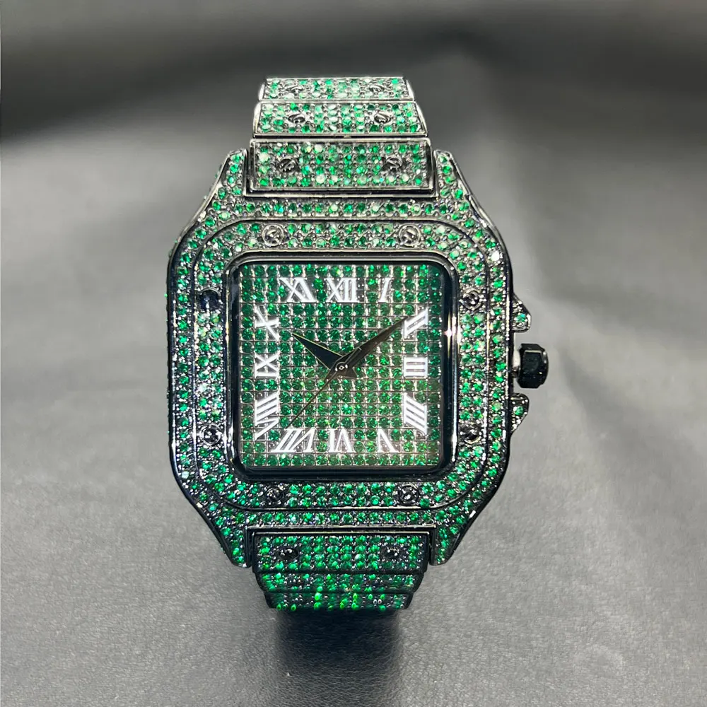 

Часы с зелеными бриллиантами для мужчин, бренд MISSFOX, модные римские литературные кварцевые часы, мужские часы в стиле хип-хоп со льдом, квадратные наручные часы, новинка 2023 г.