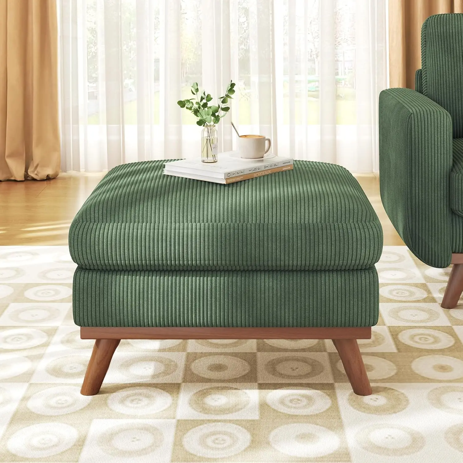 Large Ottoman Corduroy Pouf Spring Cushion Rectangle Foot Rest Wood Legs Living Room Bedroom 29.5" Customized