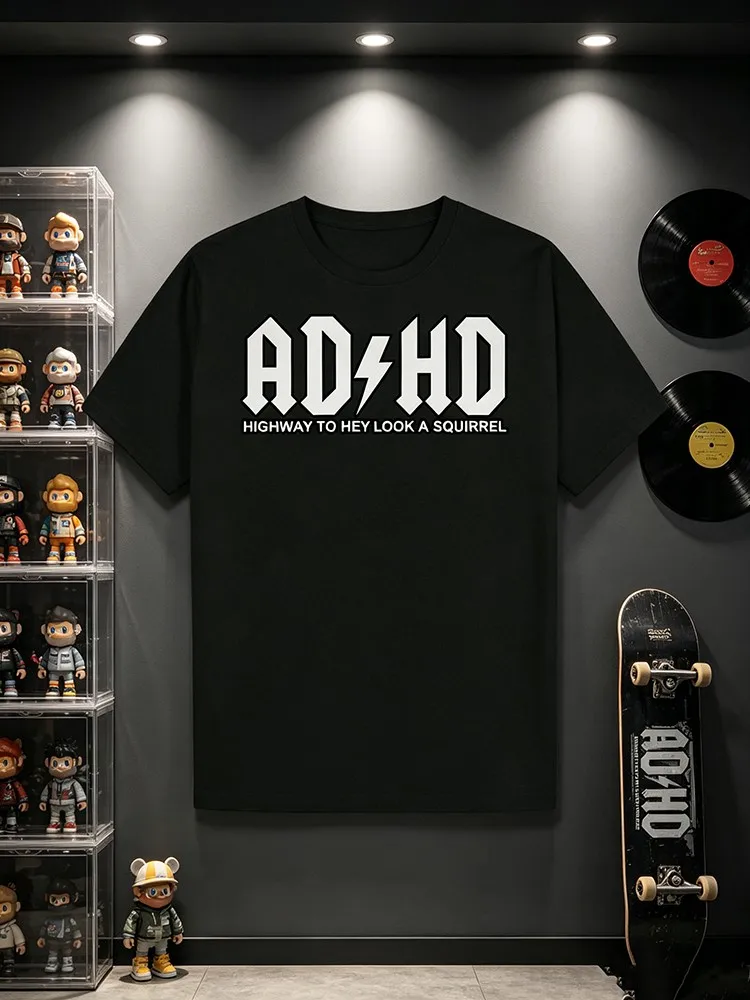 Men's Attention Deficit Hyperactivity Disorder Pattern T-shirt-black Casual Summer Round Neck Cotton Fabric T-shirt with Bold Letters Light Breathable Suitable for Casual Wear Local Community Sto