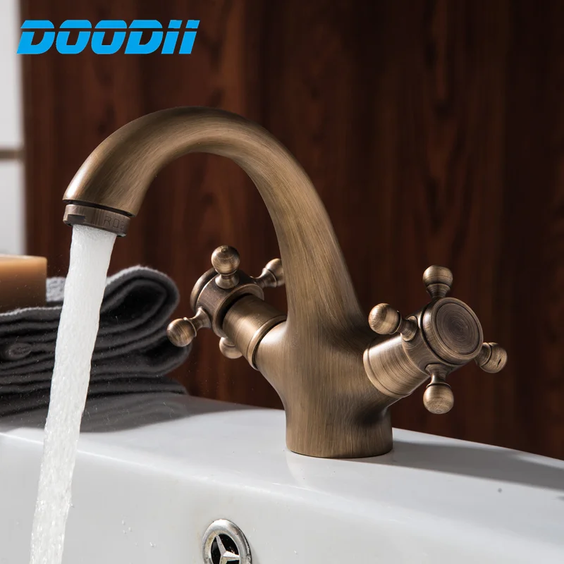 

DooDii Bathroom Antique Brass Sink Faucet Double Cross Head Handle Finish Basin Faucet Rotate Single Handle Hot And Cold Crane