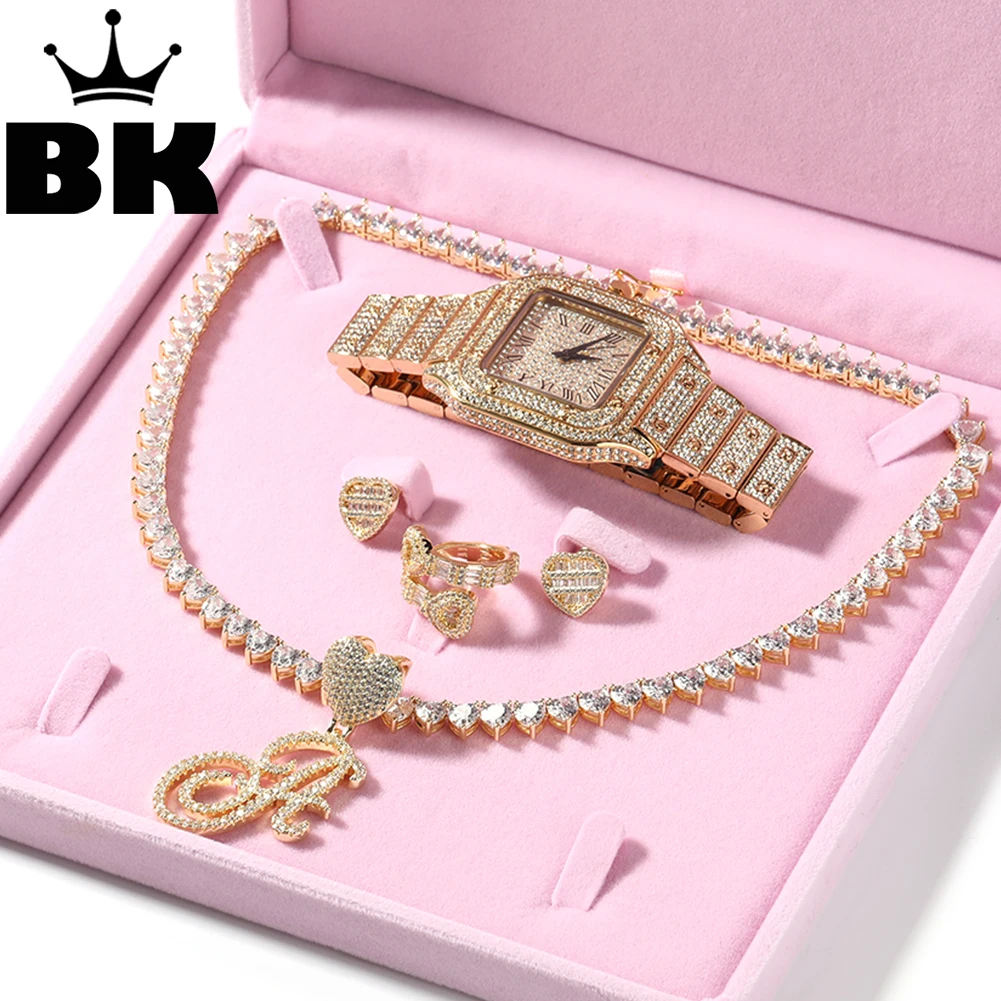 

THE BLING KING Square Watch Jewelry Set Cursive Initial Letter 5A Zirconia 6mm Heart Tennis Chain BaguetteCZ Opened Ring Earring