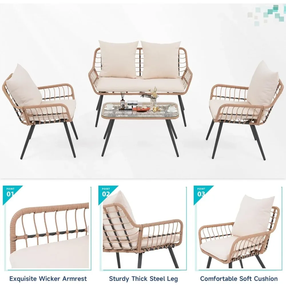 

Patio Furniture Set, Outdoor Wicker Conversation Set for Porch & Deck | Boho Loveseat with Tempered Glass Coffee Table