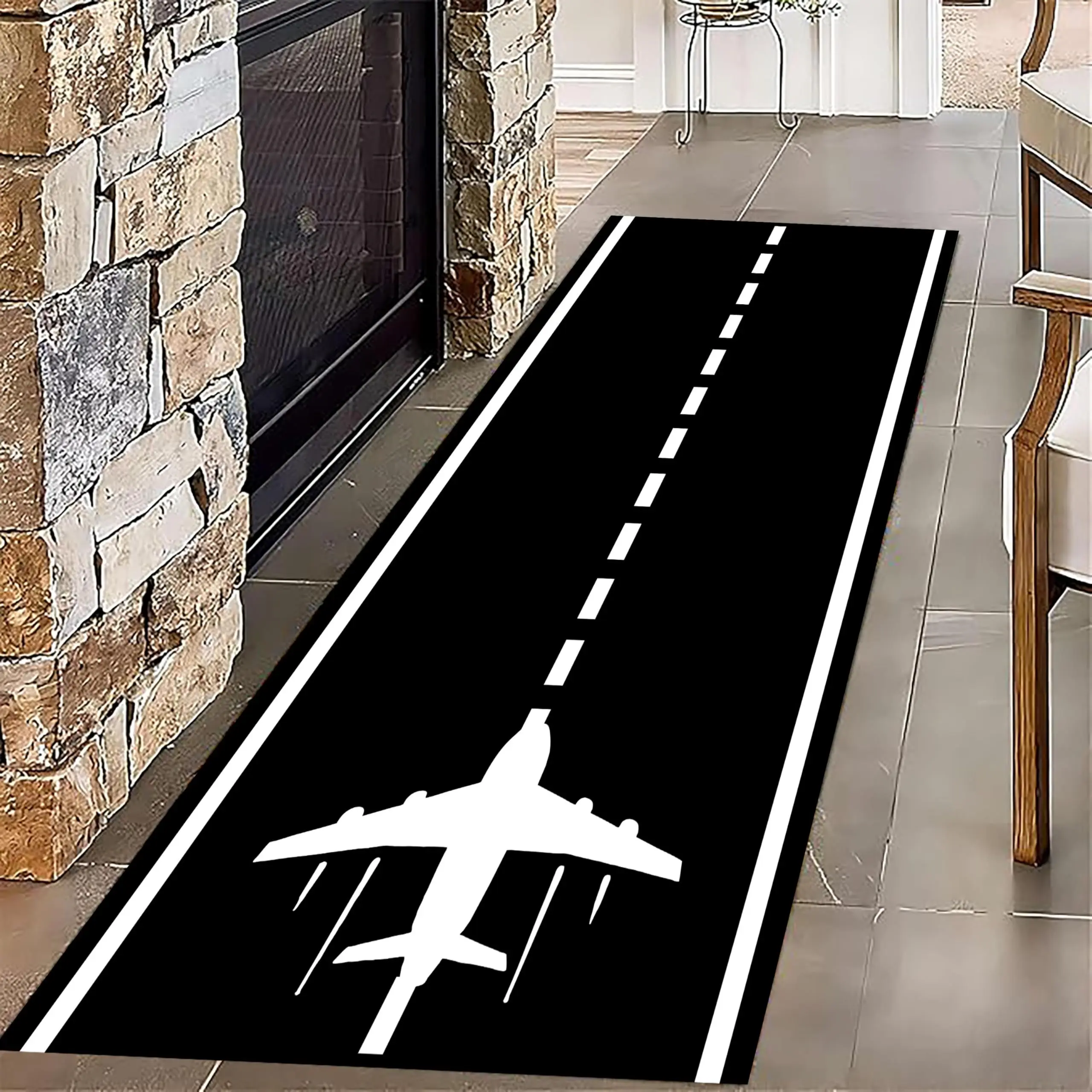 Creative Abstract Long Mat Airplane Runway Area Carpet Black White Aviation Road Design Corridor Hallway Entrance Floor Rug