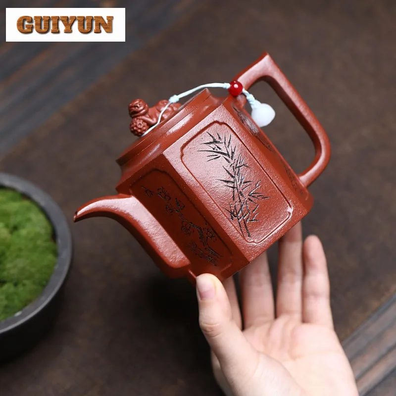 

260ml Antique Yixing Purple Clay Teapots Handmade Hexagonal Pot Raw Ore Downhill Mud Tea Soaking Kettle Zisha Tea Set Ornaments
