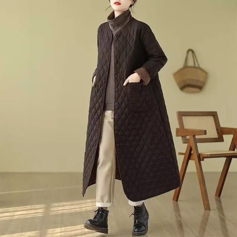 Retro Pure Color Diamond Pattern Cotton Jacket Women's Winter New Loose V-neck Slimming Long Coat Cotton Polyester Fiber