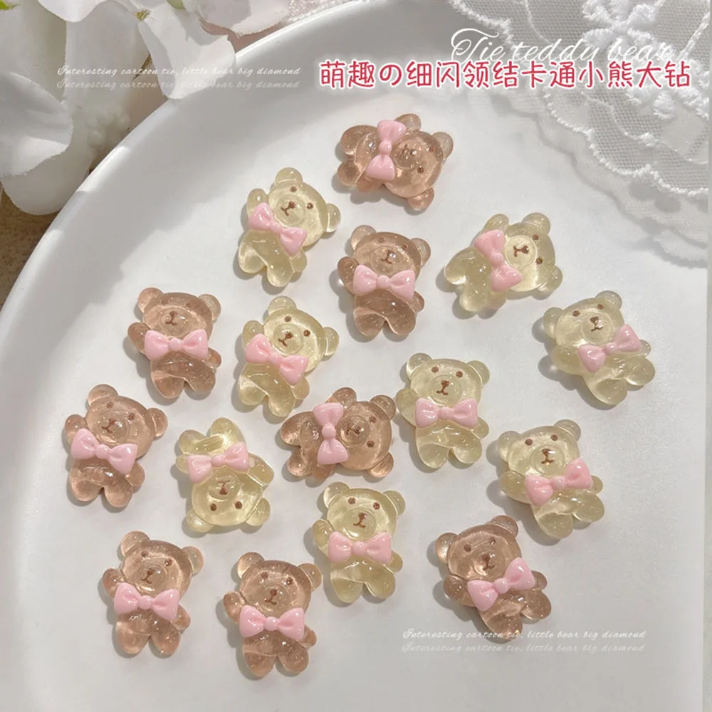 10Pcs Kawaii Bears Nail Art Charms Sweet Heart Bow Nail Decoration Parts Ice-transparent Brown Manicure 3D Accessories Jewels