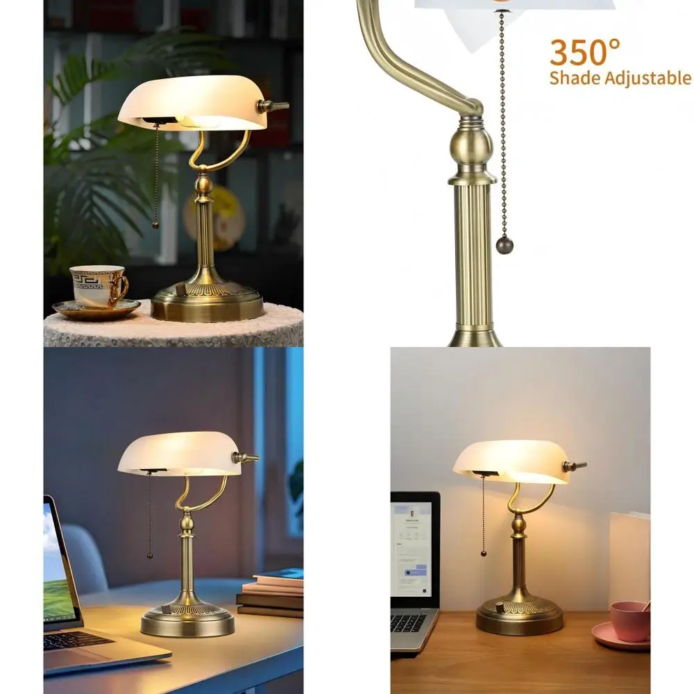 

LED Desk Lamp with Adjustable Brightness, Plug-in White Glass Bankers Lamp for Office, Study, and Library