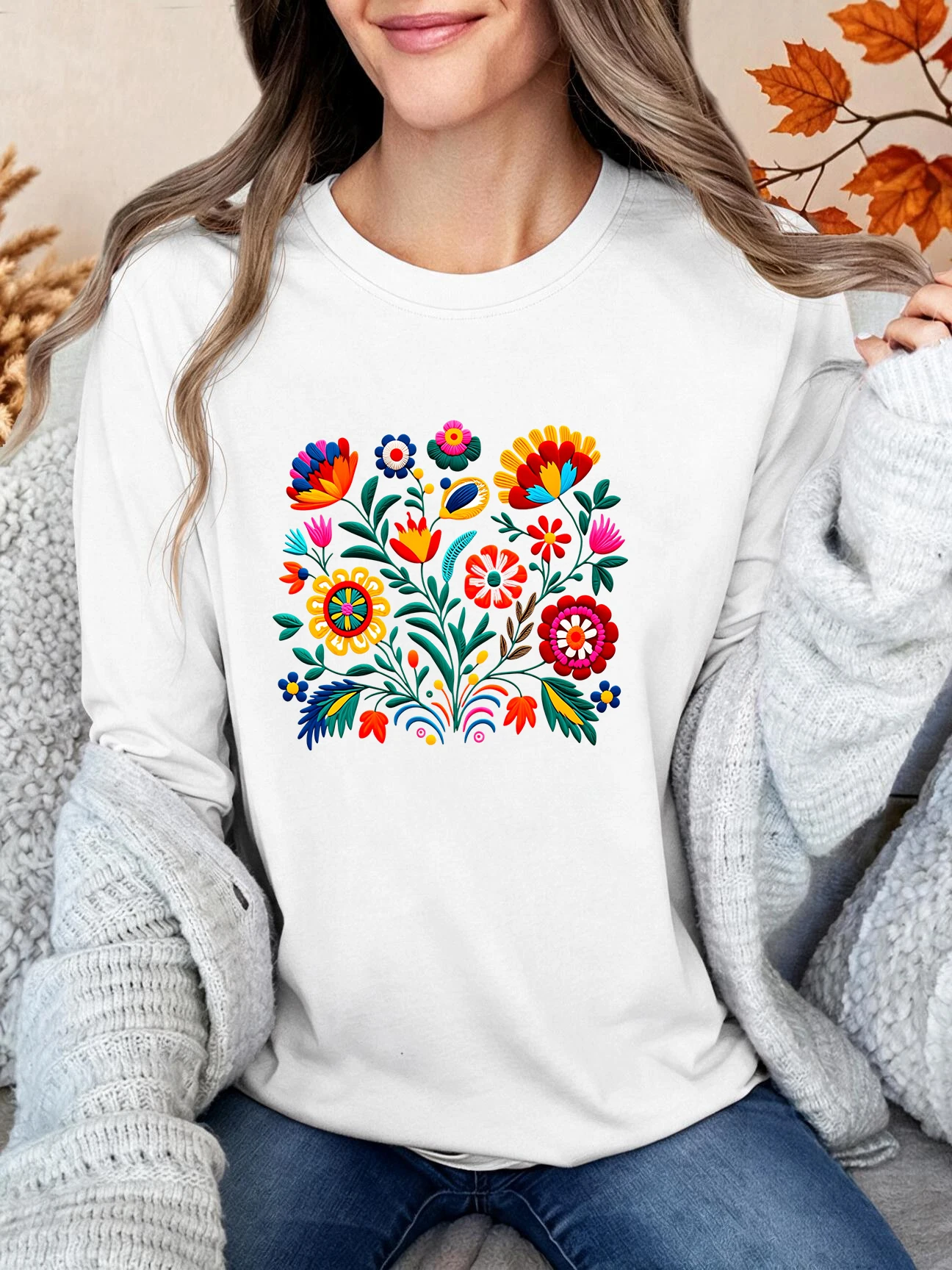Color Floral Fiesta Letter Print T-shirt Casual Long Sleeve Crew Neck Tees Tops Women's Graphic T Shirt Clothing Streetwear Y2k