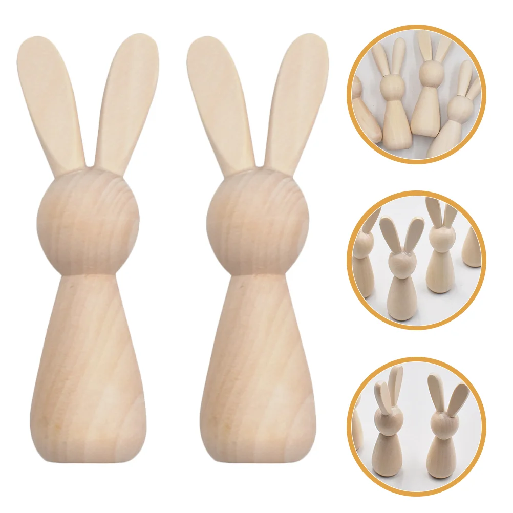 2 Pcs Unpainted Blank Figurine Wooden Bunny DIY Painting Peg Dolls Statue Graffiti Child