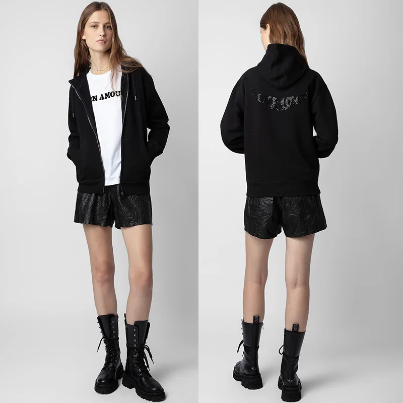 Winter new French niche ZV back wing rhinestone black velvet sweatshirt women's zipper hooded jacket