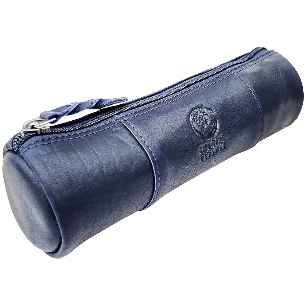

Rustic Town Leather Pencil Case - Full Grain Leather Zippered Pen Pouch - Stationery Bag Pen Holder For Work & Office