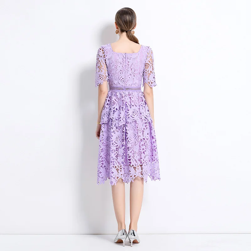 Ele évider dentelle Midi Dr col carré Soluble Faion minceur conception originale fabricant chinois hiver Thi K...