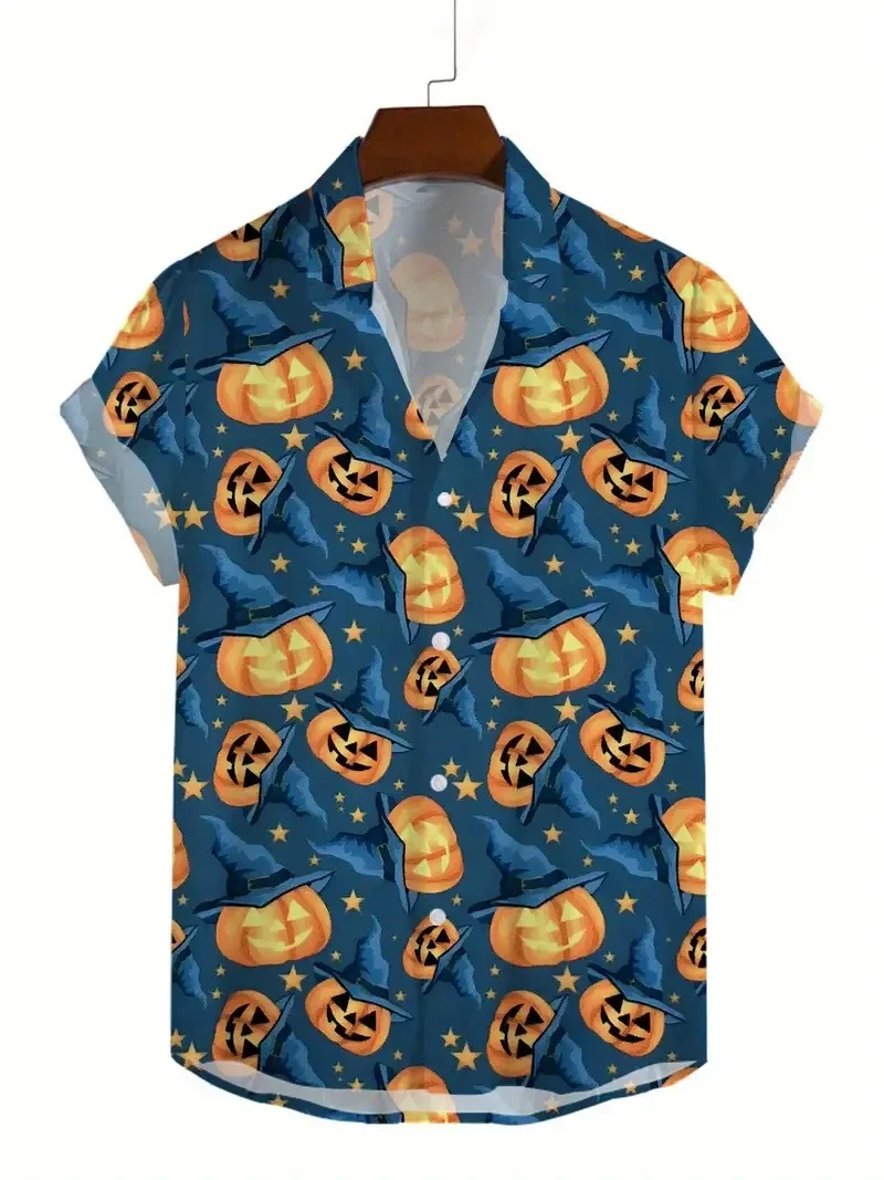 Men Halloween Hawaiian Shirt Pumpkin Witch Hat Candy Print Short Sleeve Button Down Lapel Casual Holiday Party Beach Shirt