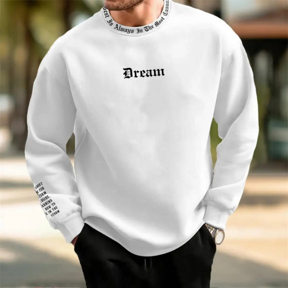 Men Sweatshirt Men's Letter Print Sweatshirt Cozy Winter Top for Casual Style Soft Warm Round Neck Pullover with Loose Fit Mid