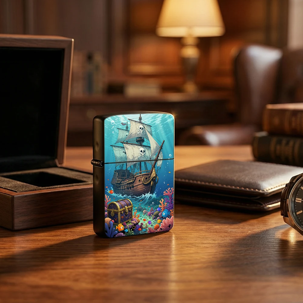 Flip Top Lighter Underwater Pirate Ship Treasure Chest Ocean Art Pattern lighters vintage lighters for smokers Collectible Gift