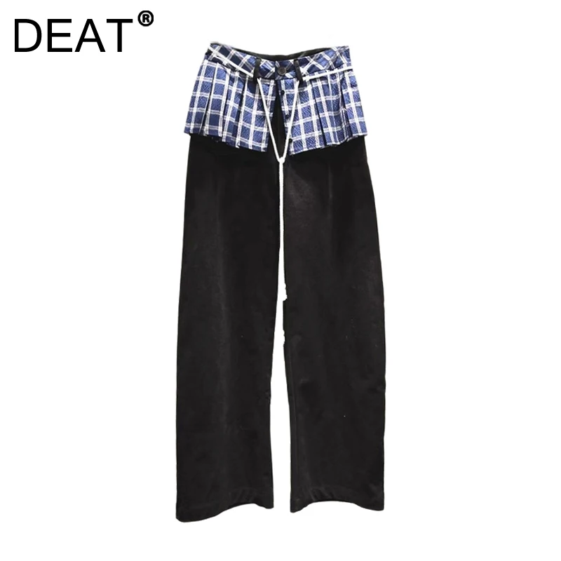 DEAT Women's Jeans Patchwork Blue Plaid Skirt High Waist Straight Wide Leg Causal Denim Pants 2025 New Fashion Spring 29L9365