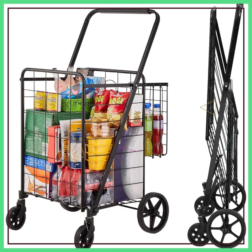 Carrito de Compras Plegable Resistente con Dos Cestas, 360 ° Ruedas giratorias, capacidad de 110 libras para lavandería, compras y equipaje