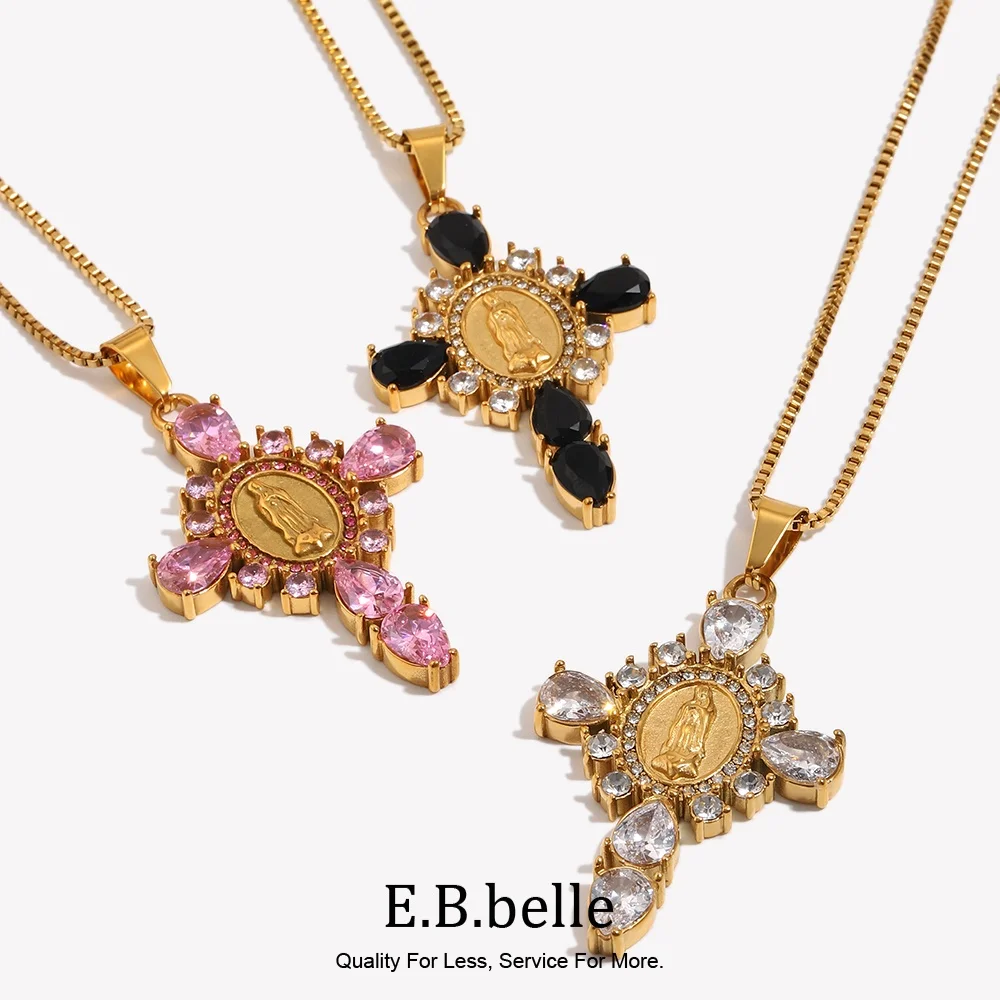 E.B.belle – collier pendentif croix vierge marie, hypoallergénique, en acier inoxydable plaqué or, bijoux pour femmes et filles, cadeaux
