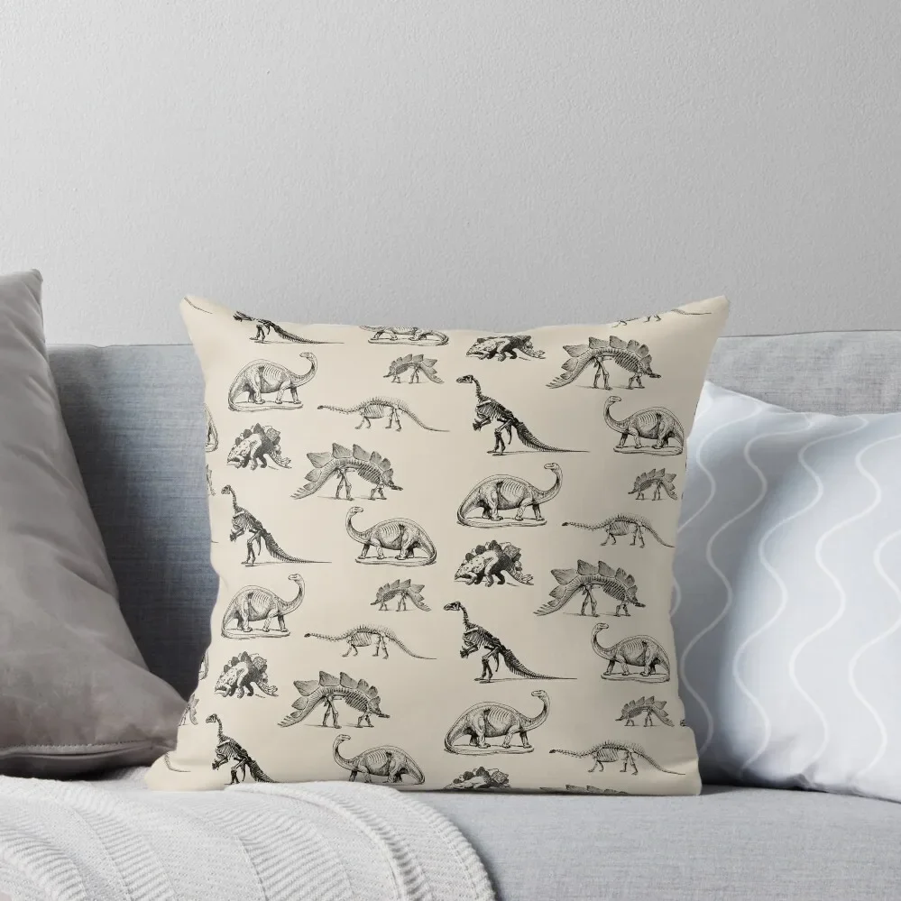 

Vintage Museum Dinosaur Skeleton Illustrations, Black & Cream Dinos Throw Pillow