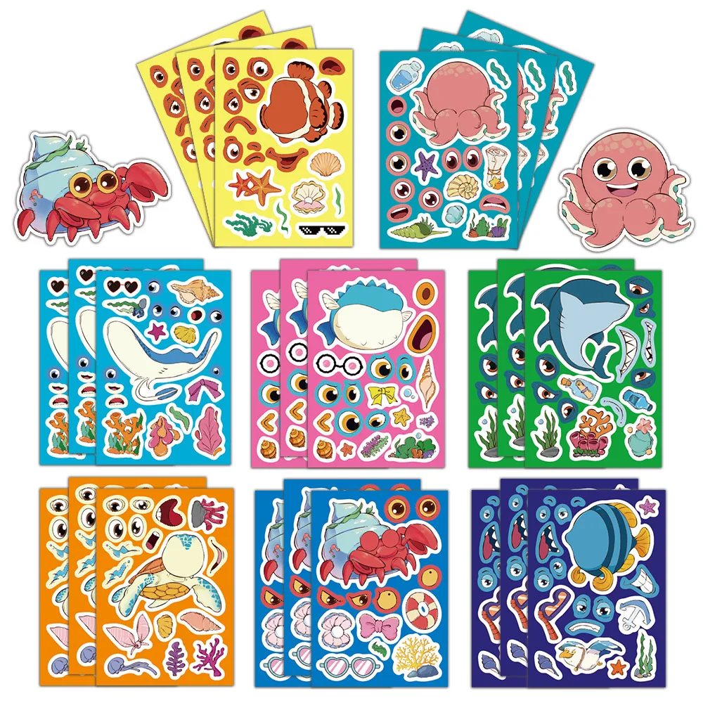 8PCS Cartoon Ocean Fish Animal Face Changing Graffiti Stickers Fun Stickers DIY Phone Case Laptop Water Cup Computer Toy Sticker