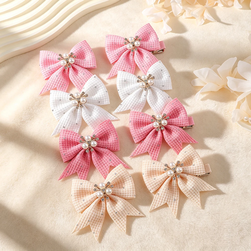 8Pcs Waffle Fabric Bow Hair Clips Set Pearl Rhinestone Decor Bow Barrettes Little Girls Pair‑Style Hair Accessories