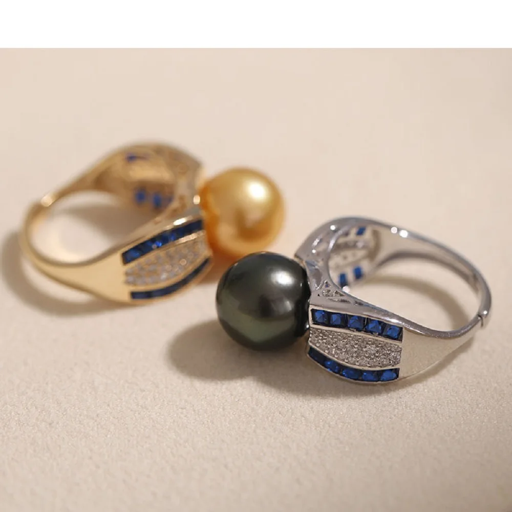

Natural Pearl AAAA 11-12mm Pearl Ring 925s Silver Blue Set Luxury Atmospheric Ring