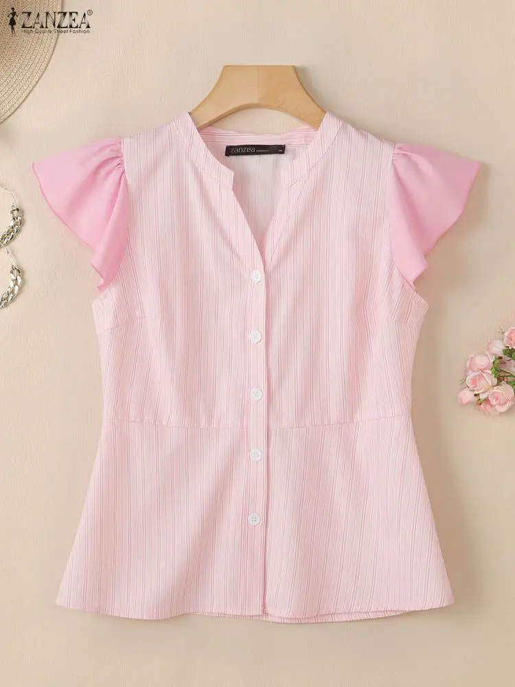 ZANZEA Elegante Shirts Büro Frauen Bluse Sommer Kurze Rüschen Ärmel Blusas Stilvolle V-ausschnitt Streifen Tunika Tops Weibliche Chemise