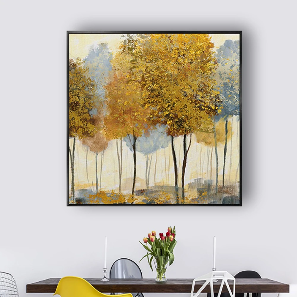 2025 جديد اليدوية Gloden الأصفر مجردة الأشجار النفط اللوحة ديكور المنزل قماش رسم جدار صورة فنية عمل فني الاكريليك