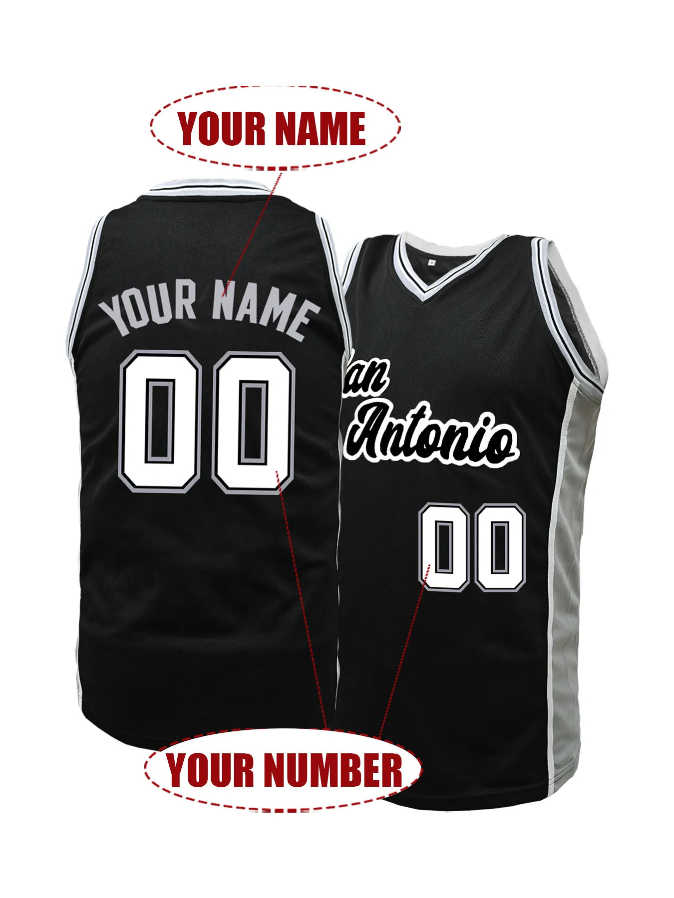 Custom Embroidered San Antonio Basketball Jersey Unisex Personalized Name Number Black Breathable Sports Shirt S-3XL