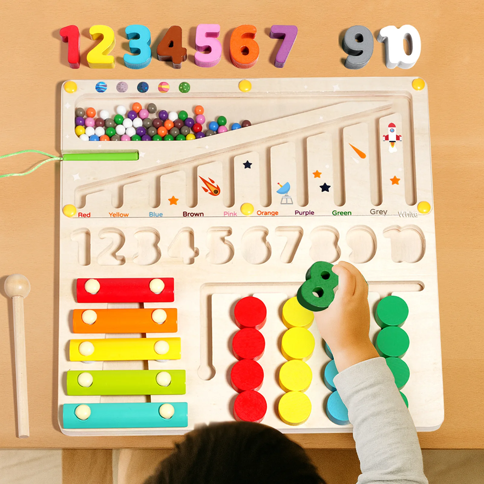 Aides pédagogiques Montessori pour l'éducation précoce, multifonction, quatre en un, perles éducatives, labyrinthe, jouets en bois pour bébés et enfants