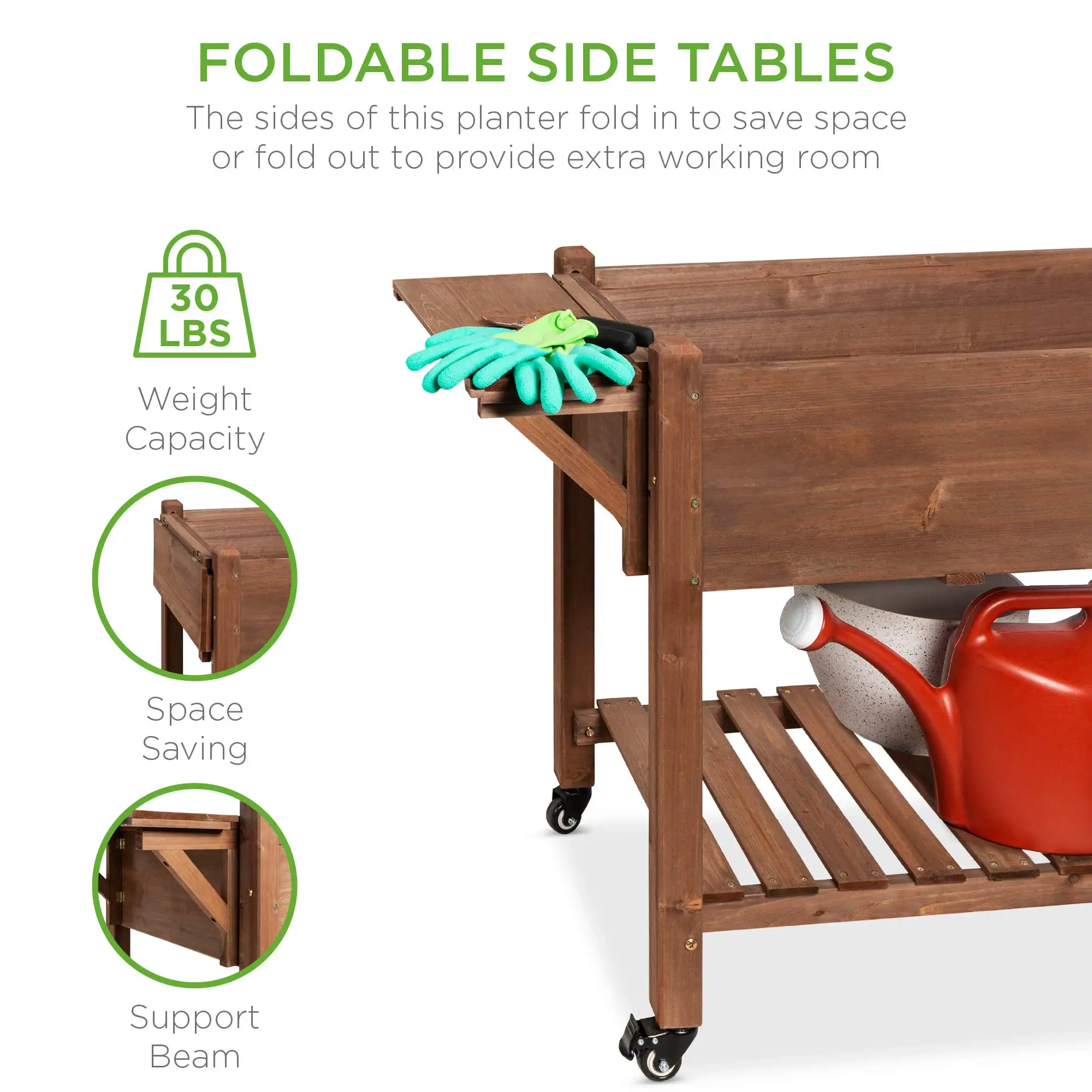Mobile Raised Garden Bed Elevated Wood Planter Box Stand for Backyard  Patio w Folding Side Tables Locking Wheels