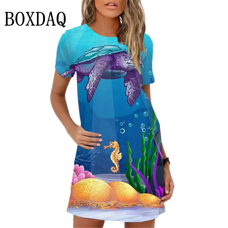 New Summer Women Dress 3D Print Mermaid Pattern Elegant Sweet A-line Dress Loose Beach Casual Short Sleeve Oversize Ladies Dress