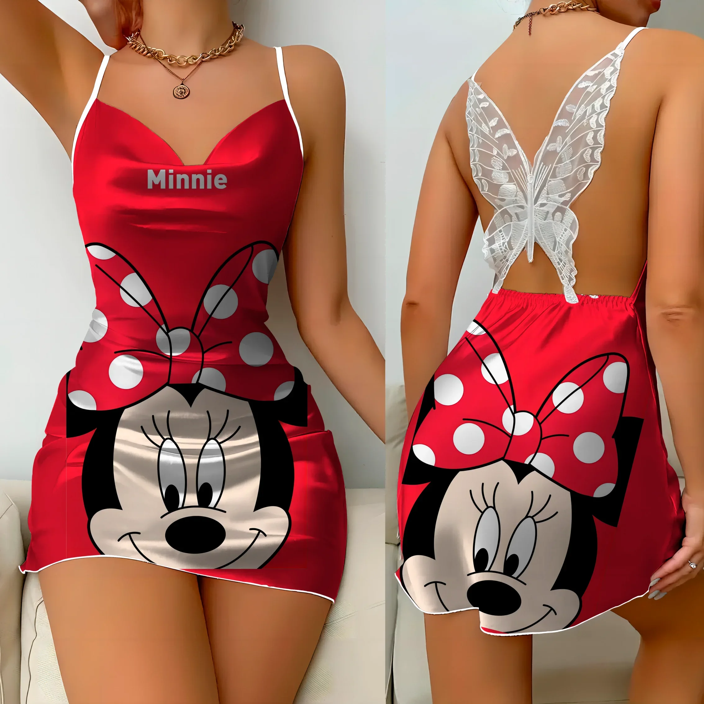 

Minnie Mouse Backless Dress Fashion Summer Dresses 2024 Pajama Skirt Bow Knot Mickey Disney Satin Surface Womens Elegant Women