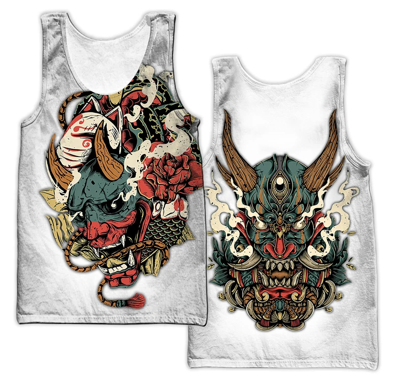 Samurai Oni Mask Tattoo 3D All Over Printed Men vest Summer Harajuku Sleeveless T-shirt Unisex Casual Polyester Tank Tops