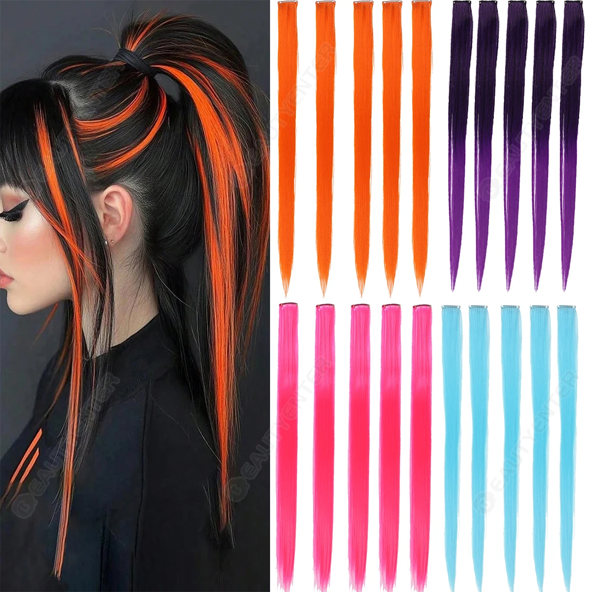 

5PCS Long Straight Synthetic Black Hair Extensions Clip in 24 Inch Colored Party Highlights Hairpieces for Women Kids Girls
