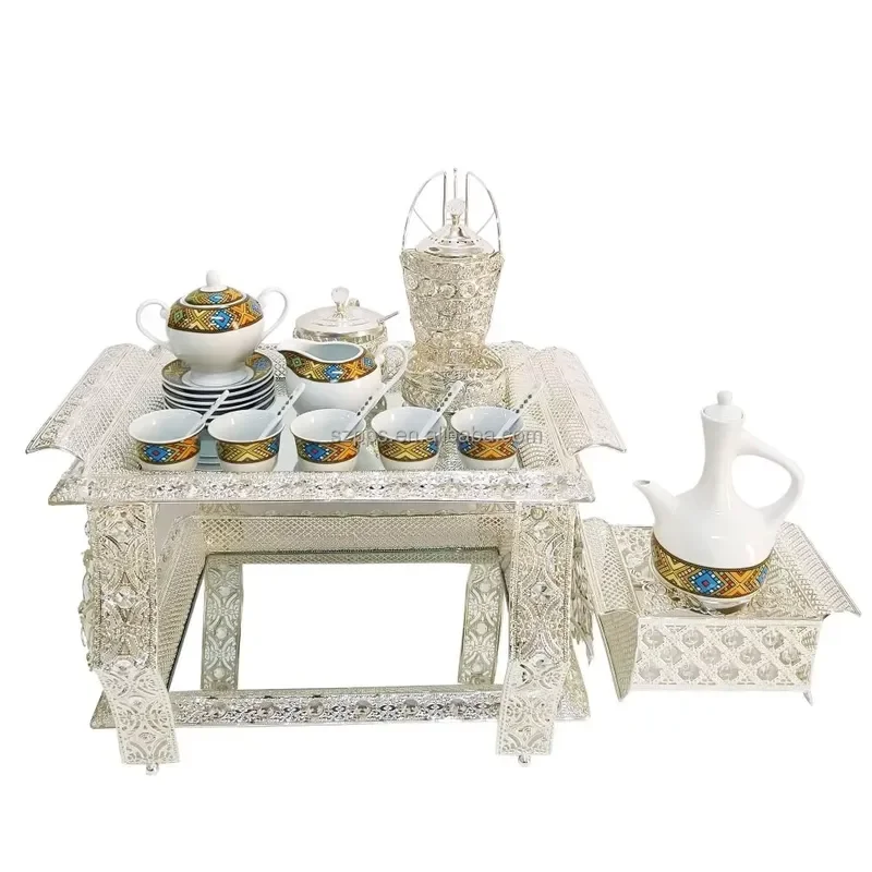 Ethiopian Coffee Tray Set Double Layer Silver Plated Serving Stand Traditional Jebena Ceremony Decorative Home Kitchen