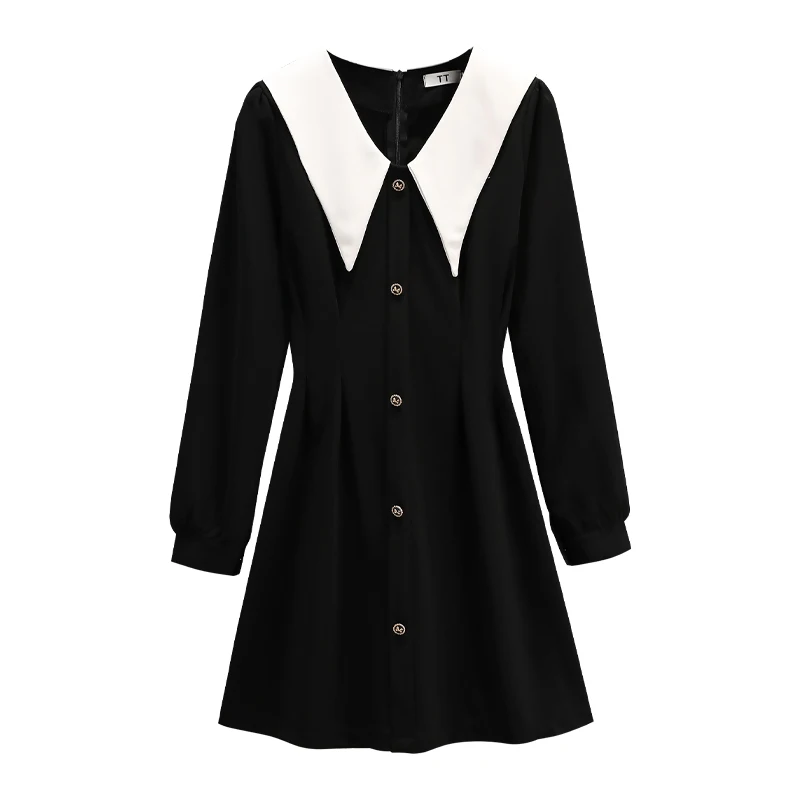 Sukienki Plus Size Kobiety Jesień 2024 New Arrival Peter Pan Collar Long Sleeve Black T Shirt Dress Women Korean Casual Dresses