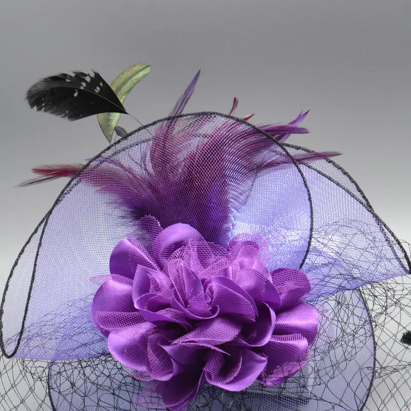 Wedding Hat Purple Red with Birdcage Veil Party Hair Accessories For Women Tocado Boda Invitada украшения для волос