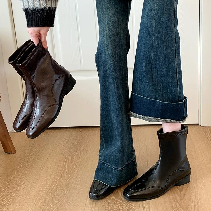 

Женские ботильоны на низком каблуке, осень/зима 2023, новые универсальные узкие ботинки на блочном каблуке во французском стиле в стиле ретро с квадратным носком