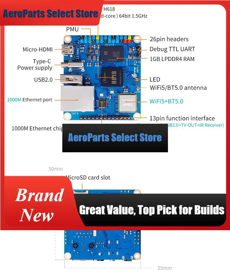 AeroPartsOrange Pi Zero 3 1GB Ram DDR4 Allwinner H618 WiFi5+Bluetooth5.0 Mini PC Development Board Orange Pi Zero3 Single Board