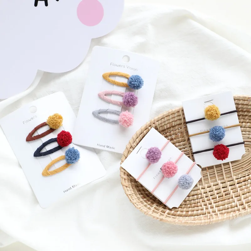 3pcs/lot Pompon Baby Hair Clips For Girls Snowball Candy Color Handmade Elegant bb Barrette Hair Accessories Korea