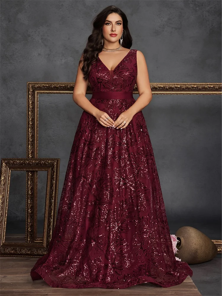 Lucyinlove Plus Size Luxury Deep V-Neck Sequins Evening Dresses Women Elegant V-back Wedding Party Long Prom Cocktail Gowns