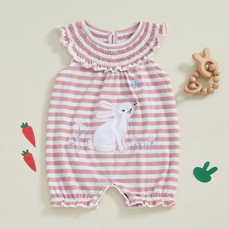 

Newborn Infant Baby Girls sleeveless Easter Rompers Bunny Embroidery Stripe Print Jumpsuit Playsuit Outfits Summer Clothing
