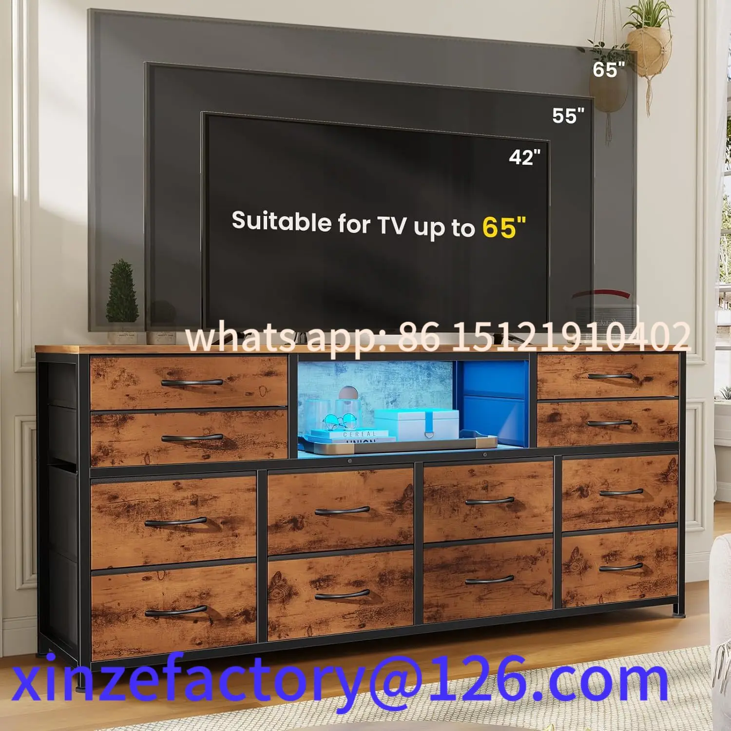 Cômoda de suporte de TV LED personalizável para quarto com tomadas de energia, centro de entretenimento de 55 polegadas