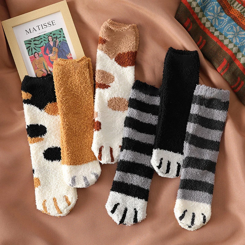 Winter Lamb Kawaii Cartoon Socks For Women Cute 3d Dog Cat Paw Pattern Fleece Warm Thicken Funny Plush Socks Home Floor Sleeping