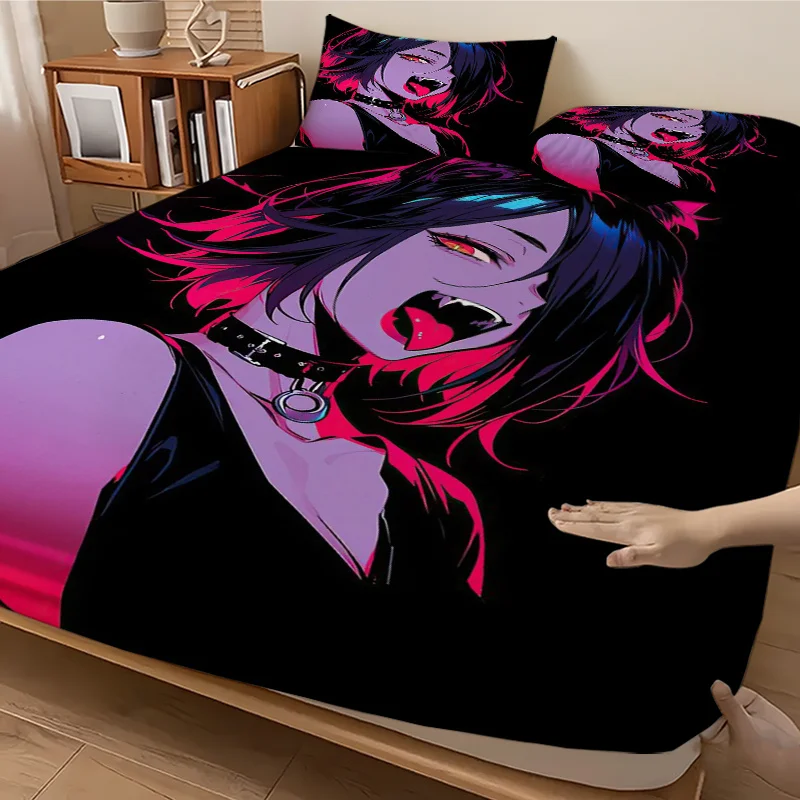 2D digital print three-piece bedding set (includes 1 fitted sheet + 2 pillowcases) mattress protector, fitted sheet style with elastic edges, protective cover, mattress protector, fitted sheet bedding, cool dark style cat-ear girl anime fitted sheet view 2