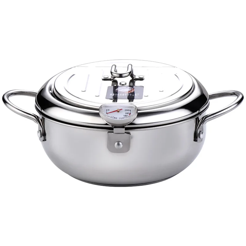 Japanese Deep Frying Pot with a Thermometer and a Lid 304 Stainless Steel Kitchen Tempura Fryer Pan24 cm pots and pans