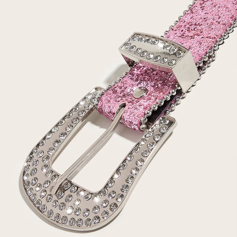 Fashion Sequin Pink Rhinestone Belt for Women Y2K Luxury Designer Pin Buckle Waist Strap Female Jeans Trouser Decor Waistband