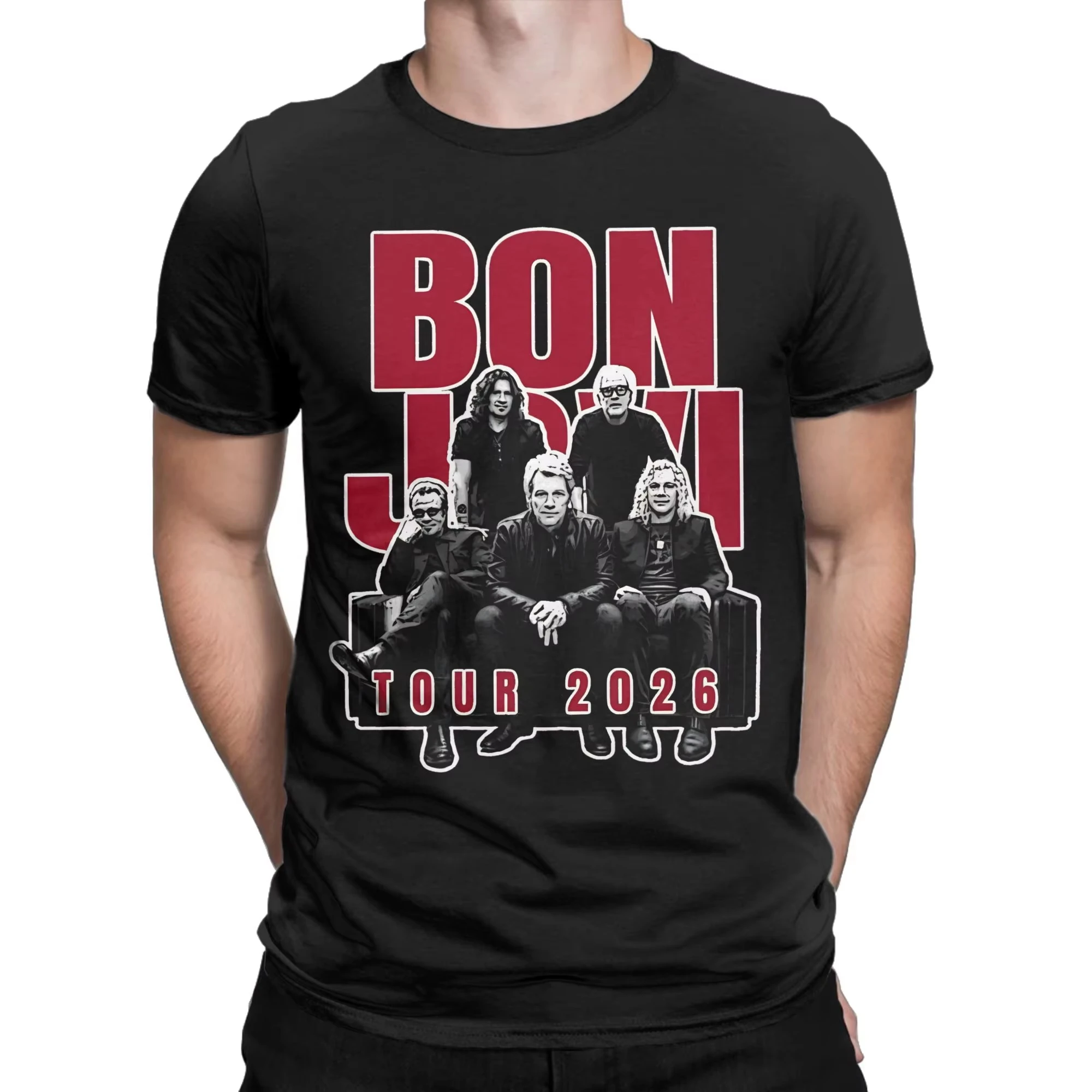 Camiseta Estampada Bon Jovi 2026 Tour Hard Rock Band - Moda Streetwear Casual Oversize Gola Redonda Algodão Verão Nova Coleção para Homens e Mulheres
